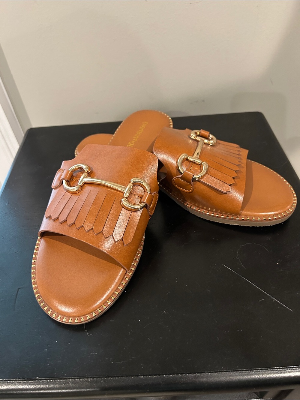 Diamonique Women’s Brown Fringe Slide Sandals with Gold accents Size 7.5-8 NWOT